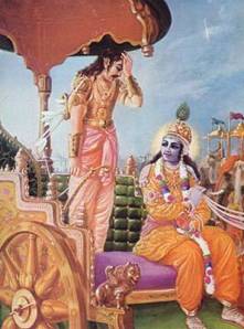 "Arjuna, having thus spoken on the battlefield, cast aside his bow and arrows and sat down on the chariot, his mind overwhelmed with grief."
