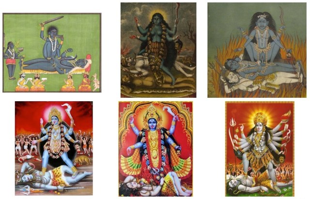 Depictions of Kali. Notice how difficult it is to find a contemporary devotional print depicting Kali and Shiva having sex, and how easy it is to find a historical painting of it, even though both sets of images are supposed to be depicting the same scene in Hindu mythology. The top ones are obviously more Tantric and traditional, and the bottom ones are more influenced by Western moral standards, and would be sold to Neo-Hindus.